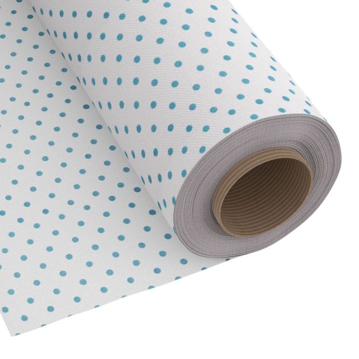 Tkanina Happy baweł 280 cm Białe tło Kropki Turkus