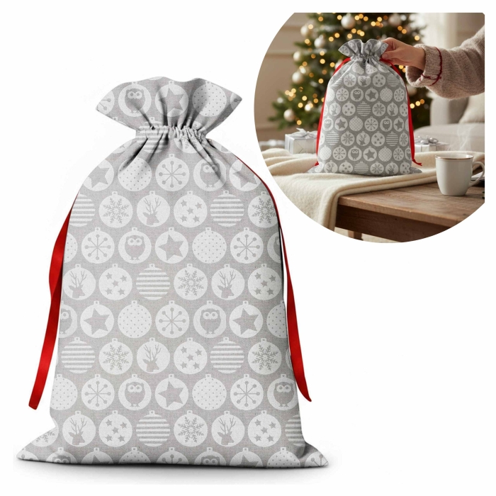 Worek prezentowy Białe  Bombki na lnie 13x18 cm