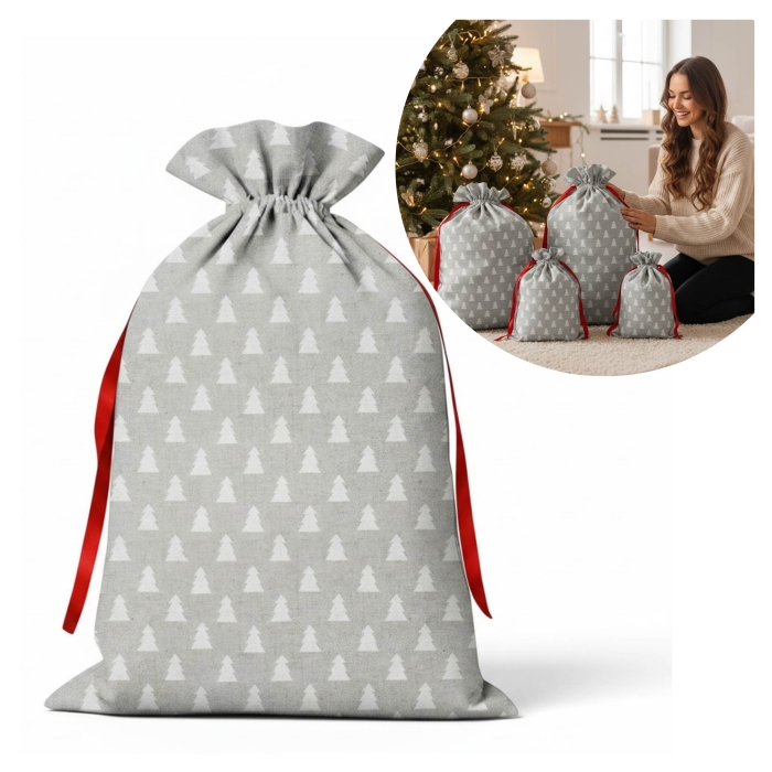 Worek prezentowy Białe choinki ala Len 68x90 cm