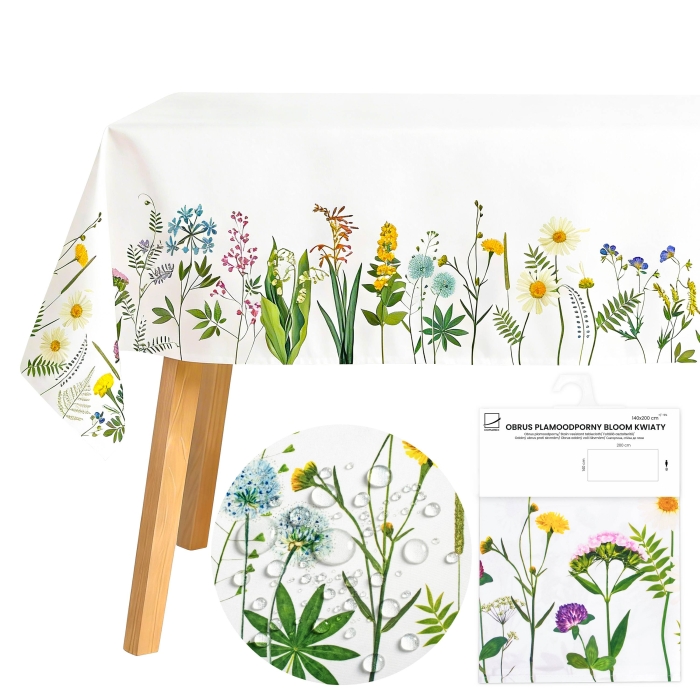 Obrus plamoodporny BLOOM kwiaty 140x200 biały