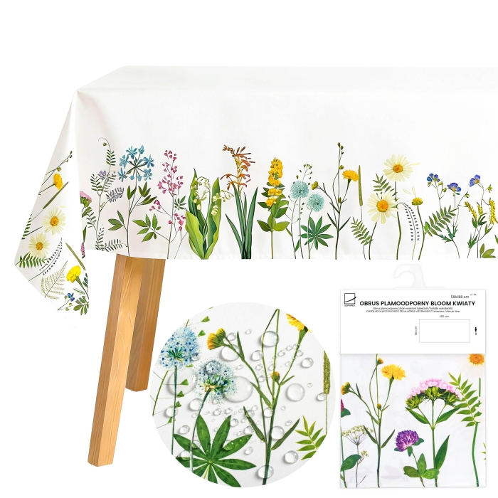 Obrus plamoodporny BLOOM kwiaty 130x180 biały