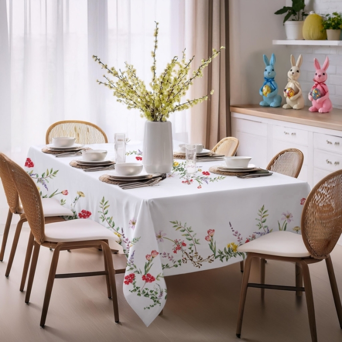 Obrus plamoodporny Bliss kwiaty 130x180 cm biały