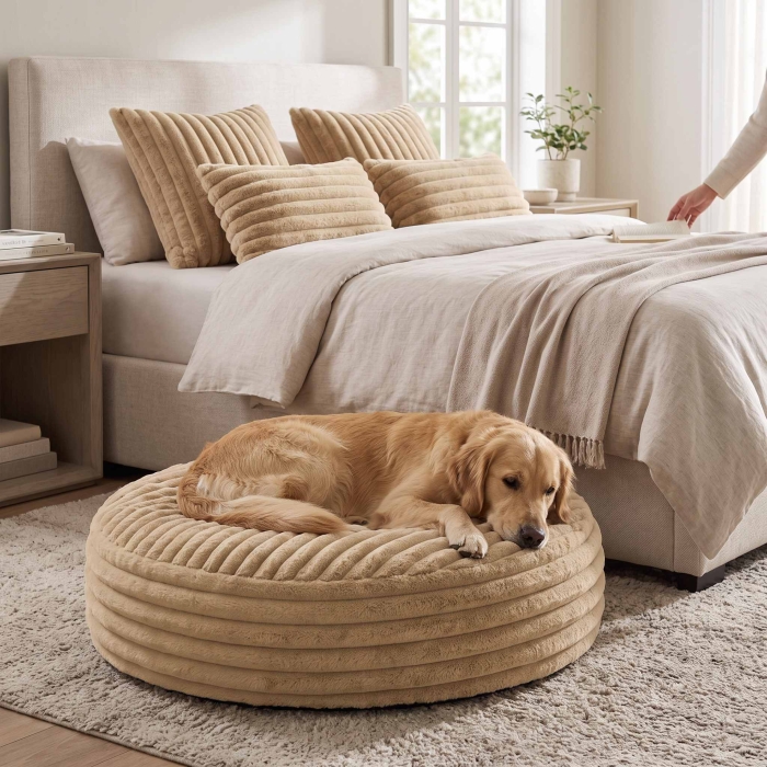 Legowisko puf NUBO LUX śr.80 Rabbit fur pasy Beż