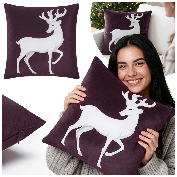 Poszewka ROYAL DEER 40x40 cm Velvet Burgund Jeleń