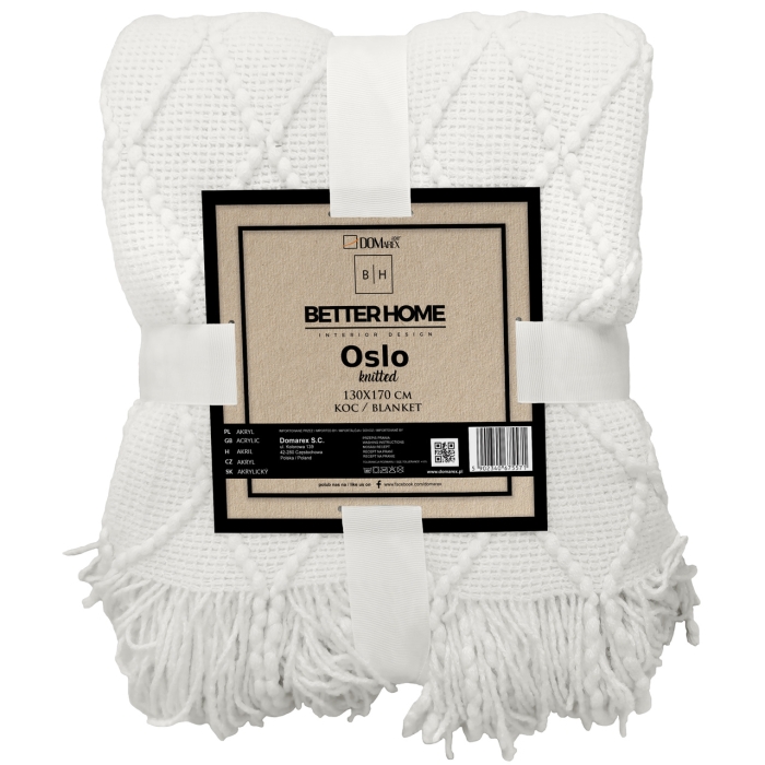 Koc Akrylowy OSLO knitted frędzle 130x170 Biały